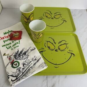 Lot of 5 The Grinch 2 The Grinch Tray 2 Cups & Kitchen Towel Sleigh Bell Bistro